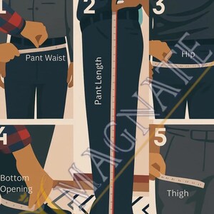 Op de afbeelding: Diagram met uitleg over het meten van een broek. De afbeelding toont hoe je de taille, broeklengte, heup, zoomopening en dij kunt meten. De tekst "Measurements For Pant" staat bovenaan de afbeelding.