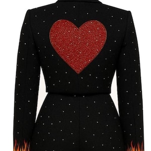 Women&#39;s Customized Black 2 Piece Suit Crop Jacket Red Heart Embroidered Rhinestones Bridal Wedding Pantsuit  Cowgirl Outfit Cocktail Attire