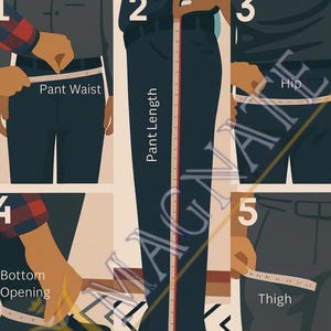 K&ouml;nnte beinhalten: Diagramm zur Messung von Hosen. Das Bild zeigt, wie man die Taille, die Hosenl&auml;nge, die H&uuml;fte, die Bein&ouml;ffnung und den Oberschenkel misst. Der Text "Measurements For Pant" steht oben.