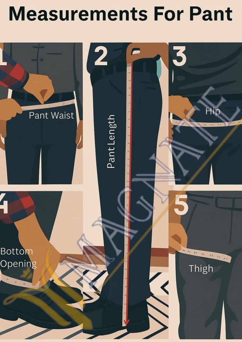 K&ouml;nnte beinhalten: Diagramm zur Messung von Hosen. Das Bild zeigt, wie man die Taille, die Hosenl&auml;nge, die H&uuml;fte, die Bein&ouml;ffnung und den Oberschenkel misst. Der Text "Measurements For Pant" steht oben.