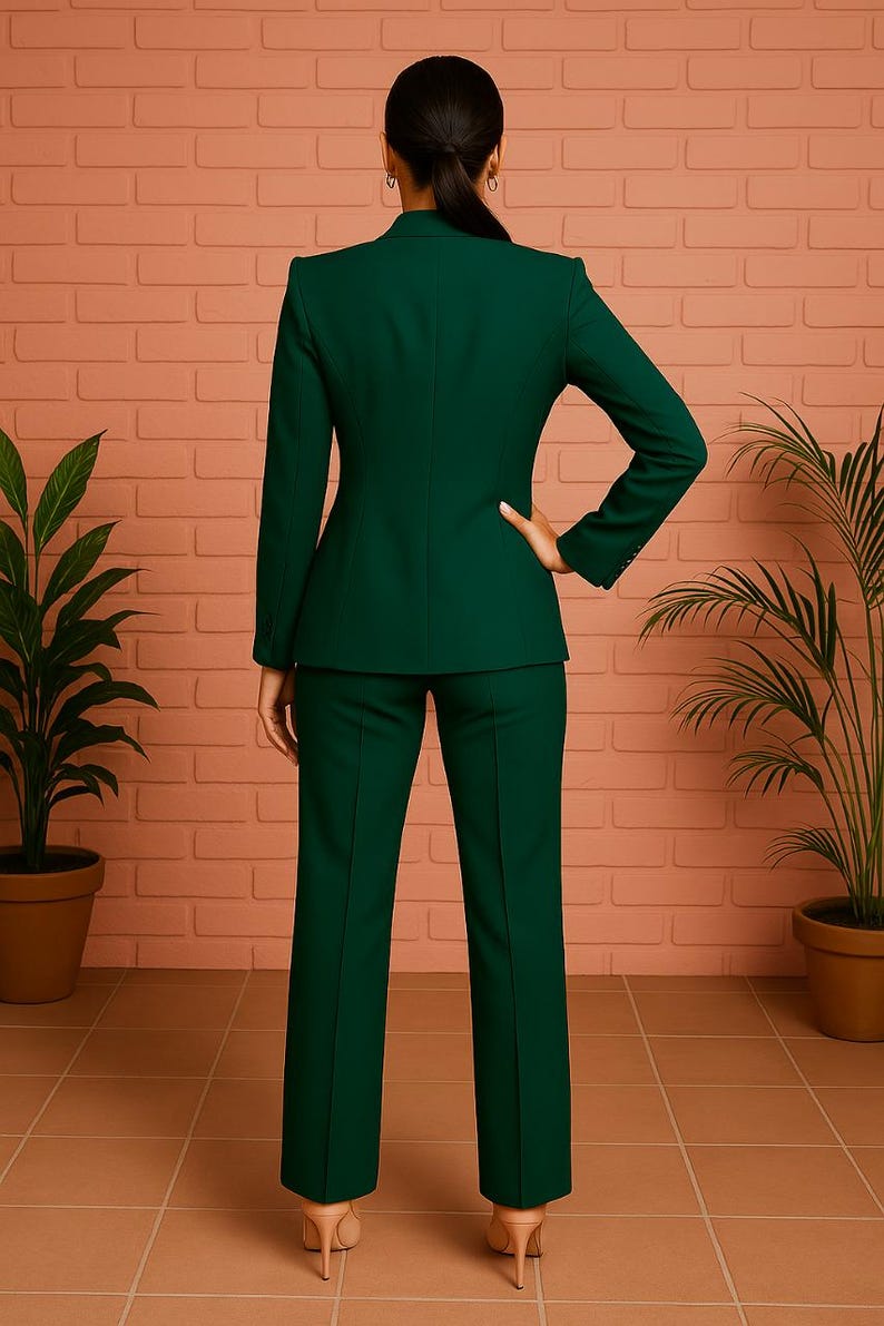 Puede incluir: Un traje de pantal&oacute;n verde oscuro, que incluye una blazer entallada con solapas y pantalones rectos a juego. El conjunto se combina con tacones color nude. El fondo presenta plantas en macetas y una pared con efecto ladrillo.