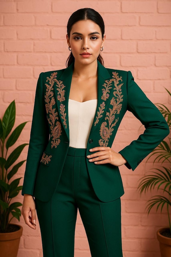 Bridal Evergreen 2 Piece Floral Embroidered Women Wedding Suit Halloween Costume