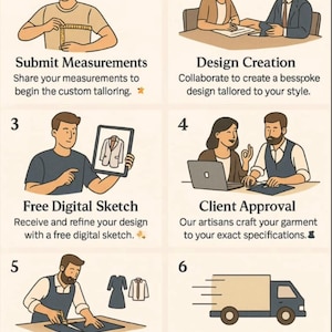 K&ouml;nnte beinhalten: Eine Infografik, die den Arbeitsablauf von Magnate Artisans Bespoke Studio veranschaulicht. Die Schritte umfassen die &Uuml;bermittlung von Ma&szlig;en, die Gestaltung, eine kostenlose digitale Skizze, die Kundenfreigabe, die Schneiderei, den beschleunigten Versand, die endg&uuml;ltige Lieferung und einfache R&uuml;ckgaben.