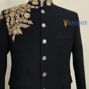 Men Customized Black Blazer Floral Gold Embellished Blazer Black Wedding Groom&#39;s Blazer Cocktail Attire  Black Indo Western Ethnic Outfits