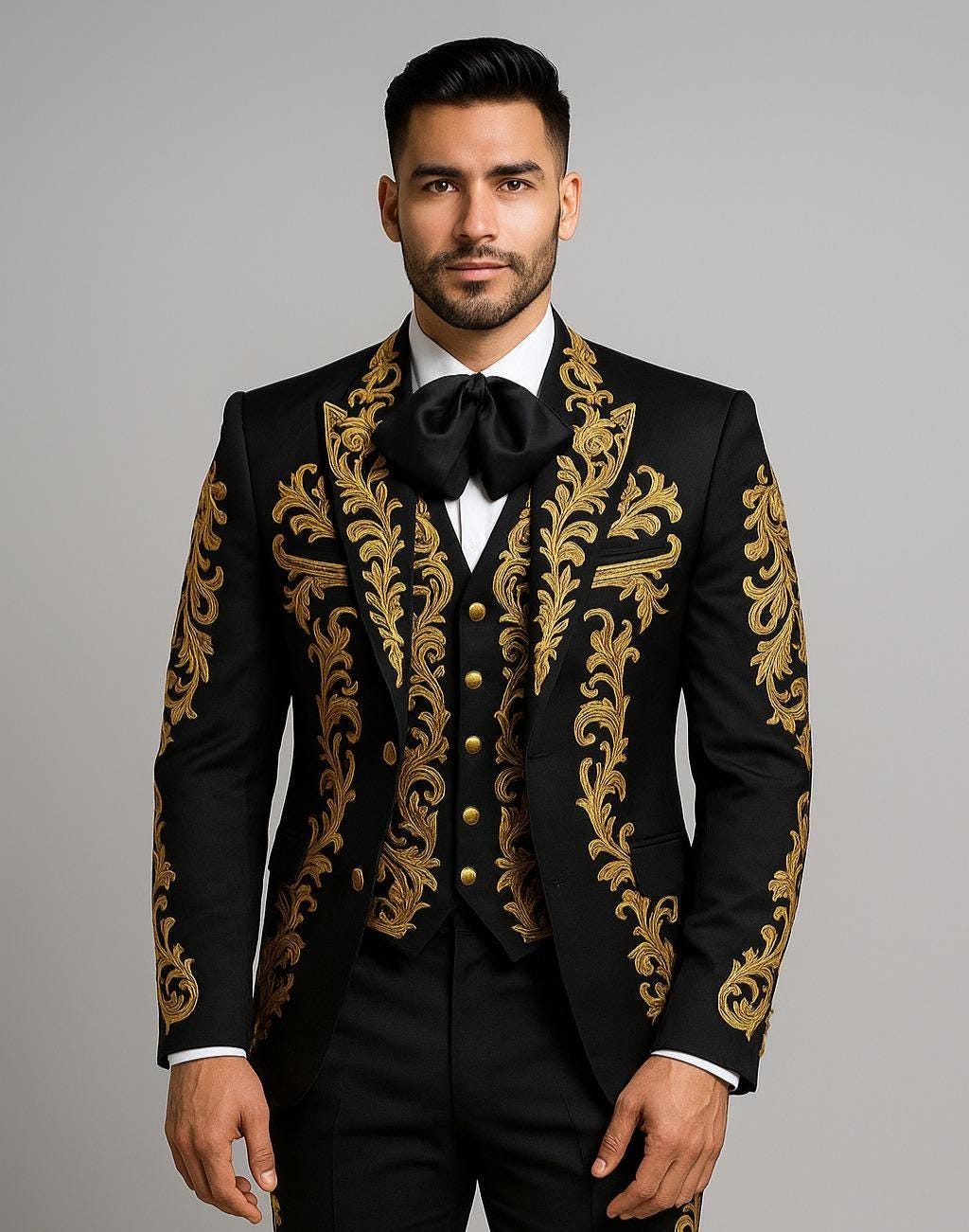Bespoke Halloween Black Gold Embroidered Charro Suit - Traditional…
