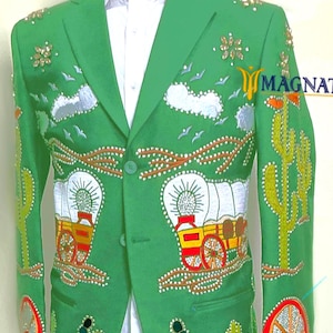 Men&#39;s Green 2Pc Bespoke Suits Train Cactus Embroidered Country Western Suits For Groom&#39;s  Wedding Cocktail Attire Country Style Groom Suits