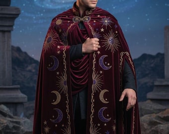 Men Customized Wine Velvet Cape Celestial Embroidery Cocktail Attire Theatrical Costumes