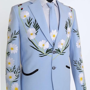 Men Customized Sky Blue 2Pc Suits Wedding Western Suit Set White Floral Embroidery Premium Cotton Country Outfit Prom Party Cocktail Attire