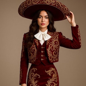 May include: A burgundy mariachi outfit with gold embroidery. The ensemble includes a jacket, vest, and skirt, paired with a large matching hat. A white bow tie and shirt complete the look. The outfit is a traditional Mexican garment.