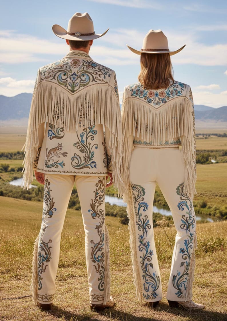 May include: Two people wearing matching cream-colored cowboy outfits with intricate embroidery and fringe. The jackets and pants feature floral and animal designs in blue, green, and brown. They are wearing cowboy hats and standing in a field.