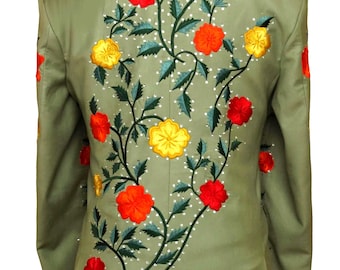 Men Green Customized 3Pc Multi Floral Embroidered Country Western Suits Cowboy Outfits Western Style Outfit Cocktail Attire Vintage Men Suit