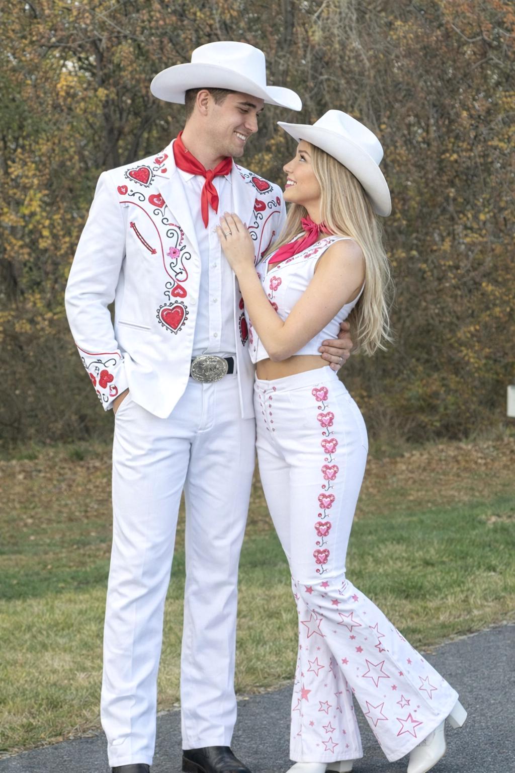 Custom Embroidered Western Couple Outfits: Heart & Floral Cowboy Cowgirl Suits