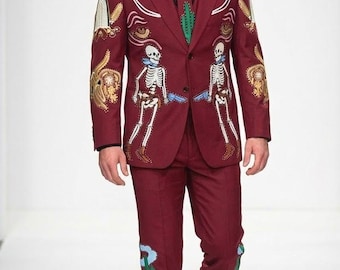 Men Maroon Skull Embroidered Western Suit: Custom 2-Piece Wedding Groom Attire
