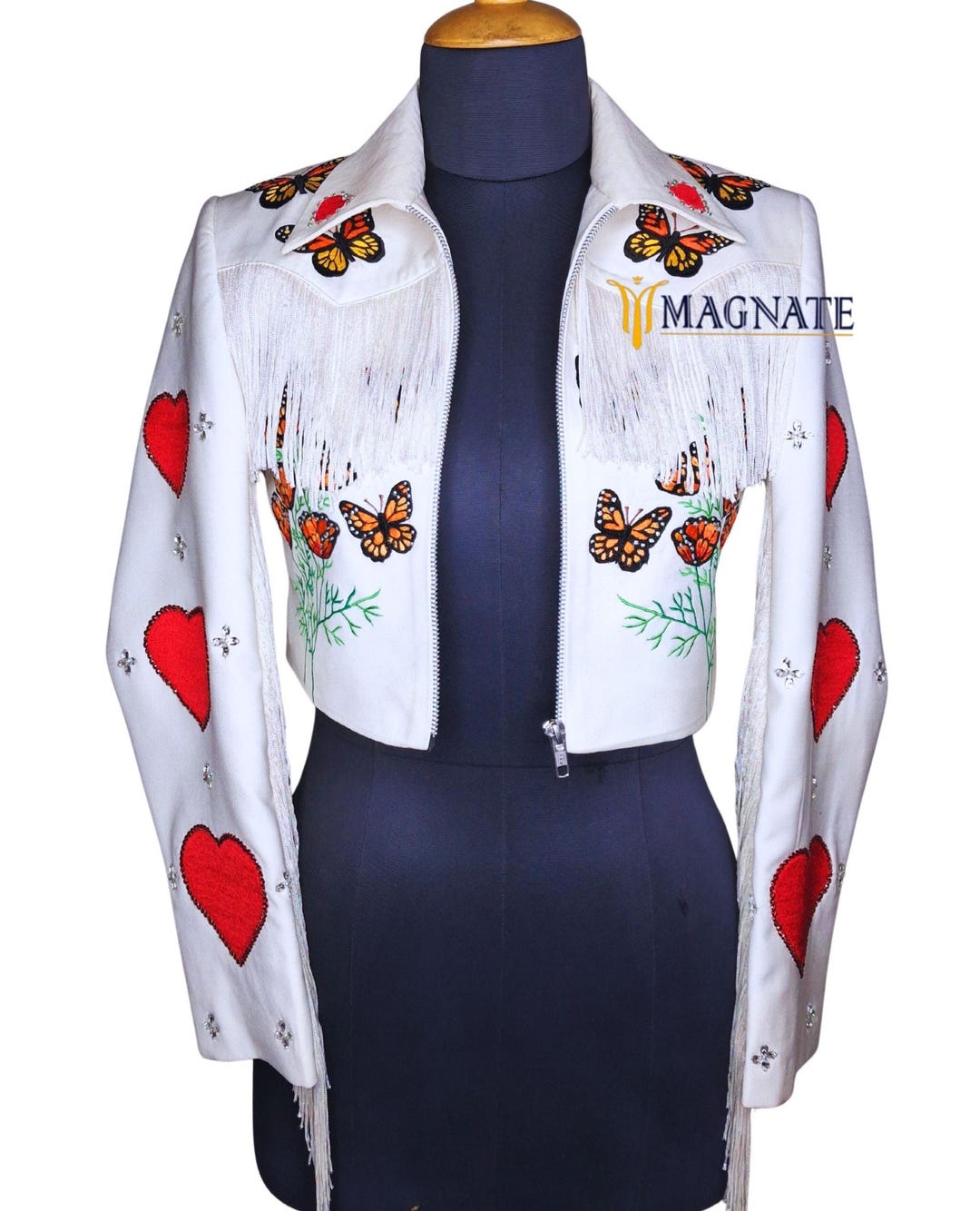 刺繍入りホワイトウエスタンジャケット：クロップドフリンジ