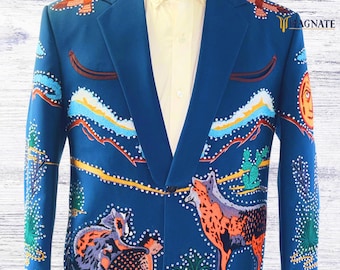 Men Blue Customized Country Western Men&#39;s Piece Blue Suit Snake Cactus Eagle Theme Embroidered Wedding Cocktail Attire Groom&#39;s Western Suit