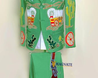 Men's Green Western Suit: Cactus & Wagon Train Embroidery, Bespoke Groom Attire