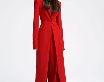 Traje de poder de 2 piezas para mujer, de algodón, color rojo, compuesto por blazer largo y pantalón de pierna ancha.