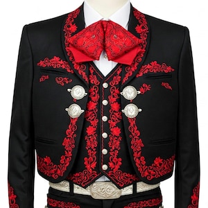 Men&#39;s Black Floral Embroidered Mariachi 3-Piece Charro Suit | Custom Groom Wedding Suit | Mexican Charro Outfit | Halloween Suits for Men
