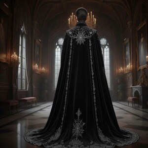 Op de afbeelding: Een lange, zwarte fluwelen cape met ingewikkelde zilveren spinnenweb- en bloemenborduurwerk. De cape heeft een hoge kraag en een lange sleep, perfect voor gothic- of fantasie-evenementen. De afbeelding is geplaatst in een grote, met kaarsen verlichte zaal.