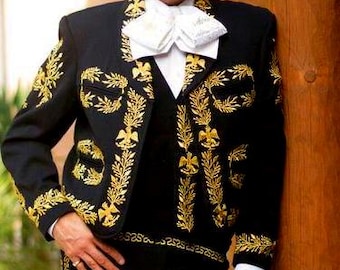 Men&#39;s Custom Black 3 Piece Mariachi Suit | Custom Charro Suit | Mexican Wedding Groom Attire | Vintage 3Pc Suit | Halloween Party Costumes