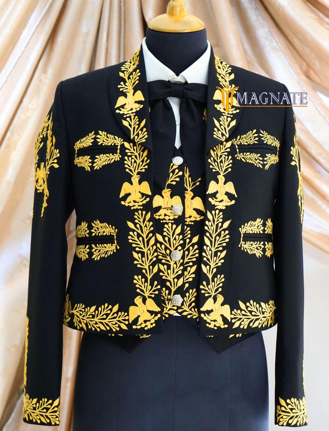 Men Custom Black Mariachi Charro Suit Gold Embroidered Mexican Outfit