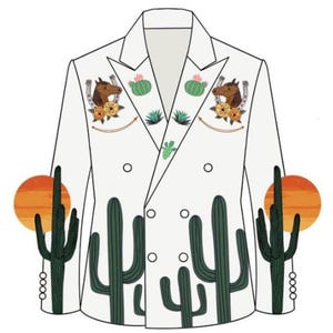 Men&#39;s Ivory 2 Piece Customized Country Western Cactus Embroidered Pantsuit Set Wedding Outfit Groom&#39;s Suit Groomsmen Attire Cocktail Attire