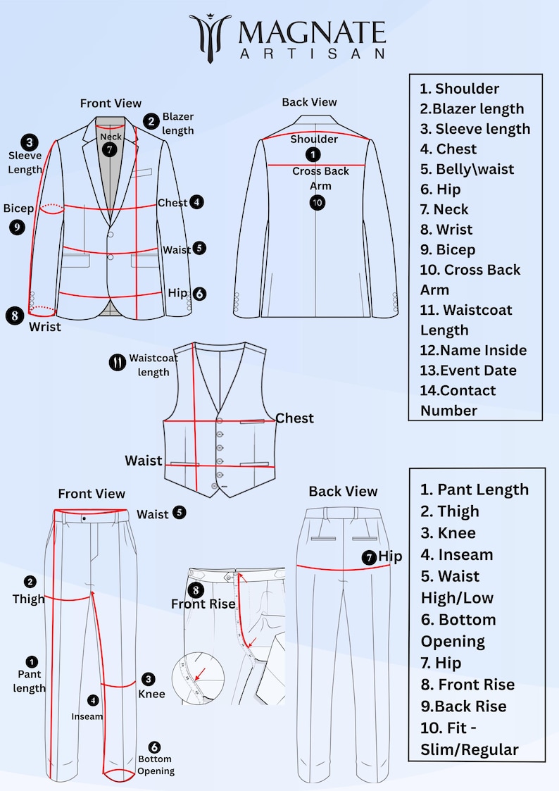 Op de afbeelding: Diagram met afmetingen voor een blazer, vest en broek. De afbeelding bevat voor- en achteraanzichten, met gelabelde punten voor schouder, borst, taille en andere belangrijke gebieden. Het "MAGNATE ARTISAN" logo staat bovenaan.