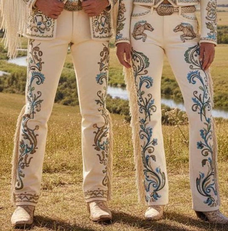 May include: Cream-colored, embroidered pants with intricate floral and scroll designs in blue, green, and brown. The pants feature fringe along the outer seams and are paired with matching boots. The image showcases a traditional Western wear style.