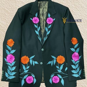 Men Green 2 Piece Pantsuit Set Floral Embroidered  Country Western Suits Groom Wedding Suits Cocktail Attire Vintage Cowboy Western Outfit