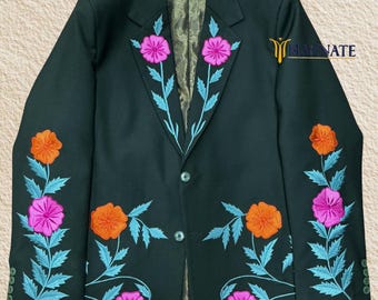 Men Green 2 Piece Pantsuit Set Floral Embroidered  Country Western Suits Groom Wedding Suits