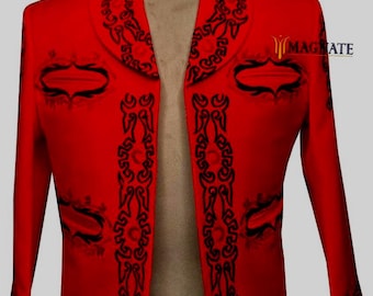 Men Custom Red Mariachi Jacket Floral Embroidered Charro Jacket Mexican Wedding Outfits