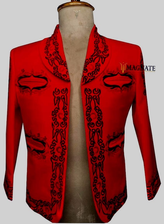 Men Custom Red Mariachi Jacket Floral Embroidered Charro Jacket