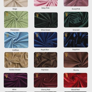 Op de afbeelding: Een fluwelen kleurstalenkaart van Magnate toont 16 stoffen kleuren. Kleuren zijn onder meer Baige, Baby Pink, Dusty Pink, Pista Green, Olive Green, Emerald, Ice Blue, Royal Blur, Sapphire, Golden Brown, Espresso, Mocha, Wine, Cherry Red, Blood Red, Grey, Charcoal Grey en Black.