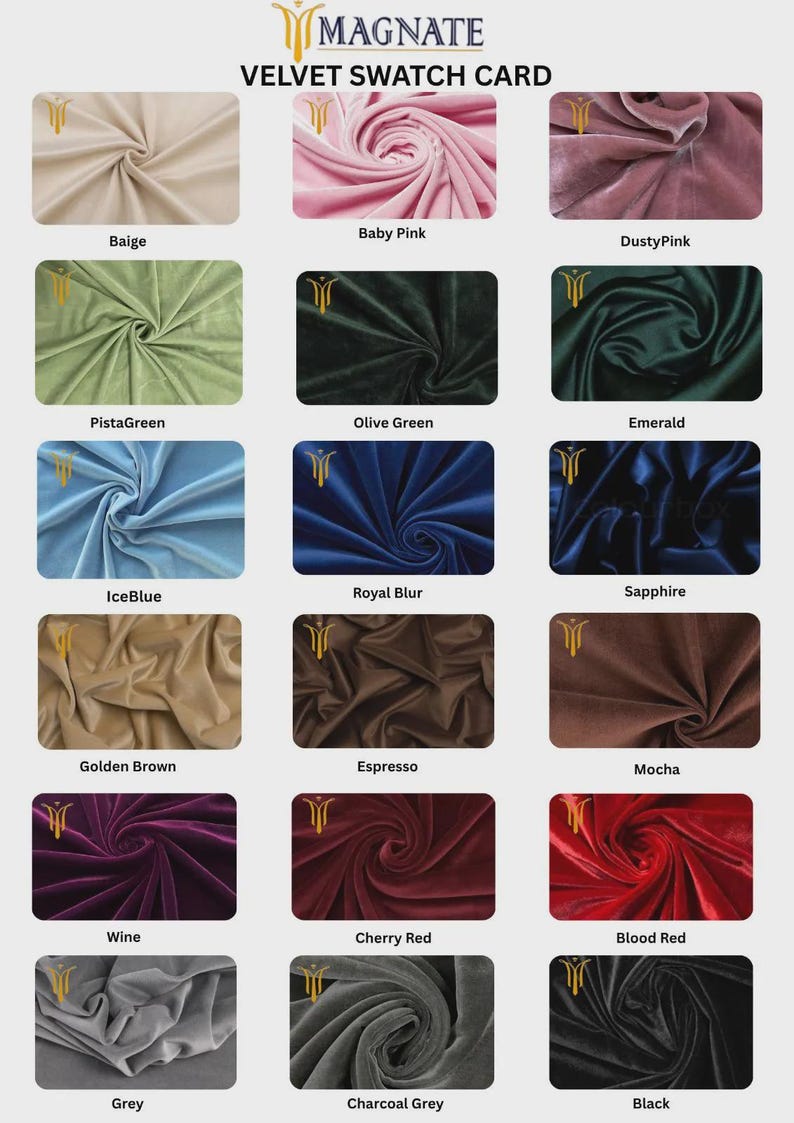 Op de afbeelding: Een fluwelen kleurstalenkaart van Magnate toont 16 stoffen kleuren. Kleuren zijn onder meer Baige, Baby Pink, Dusty Pink, Pista Green, Olive Green, Emerald, Ice Blue, Royal Blur, Sapphire, Golden Brown, Espresso, Mocha, Wine, Cherry Red, Blood Red, Grey, Charcoal Grey en Black.