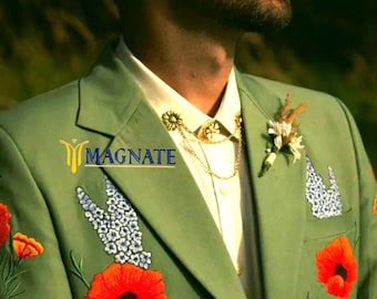 Men Customized Palm Green Western Suit Floral Embroidered Cowboy Outfit Groom Suits