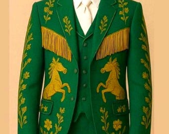 Men’s Custom Embroidered Western Pantsuit – Green 3-Piece Set with Cactus Horse Fringed Suit