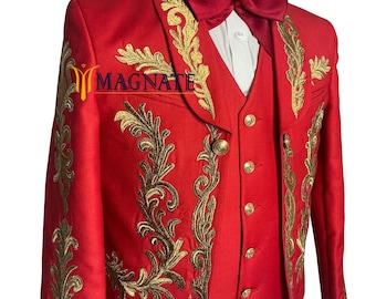Men Red Mariachi 3-Piece Suit Gold Embroidered Mexican Groom Suit Traditional Charro Wedding Outfits