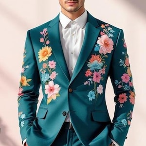 Men&#39;s Blue Custom Made 2 Piece Country Western Suits Floral Embroidered Cocktail Attire Prom Outfit Western Suit Jacket Vintage Western Suit