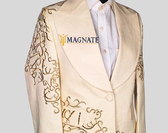 Trajes de novia bordados personalizados de lino marfil para mujer, 2 piezas, para dama de honor y madre de la novia.