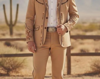 Men's Customized Beige 2Pc Country Western Suit Wedding Groom's Suit Cocktail Attire Party Outfit
