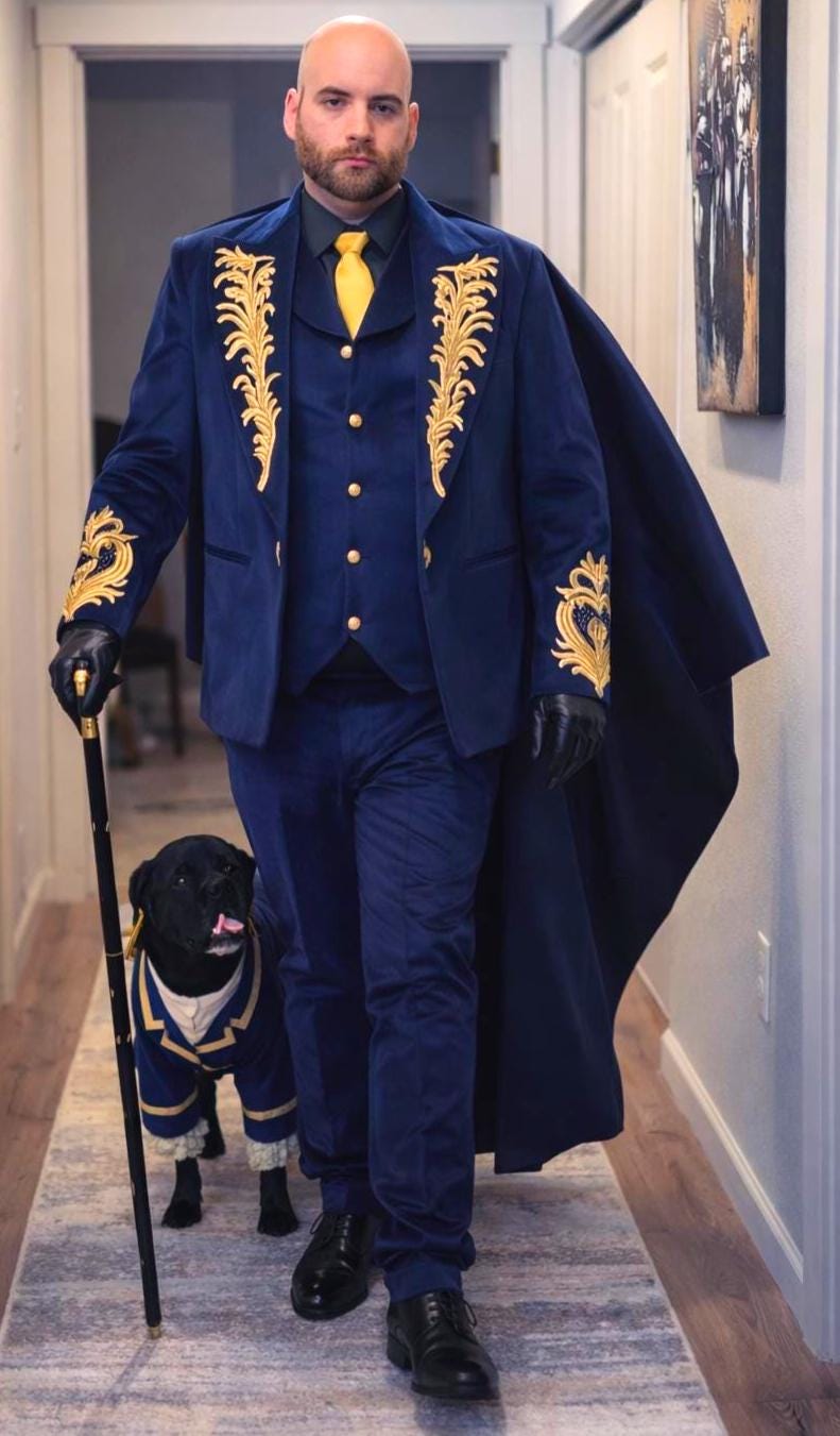 Men Blue Velvet Rococo Suit – Gold Embroidered Cape Theatrical