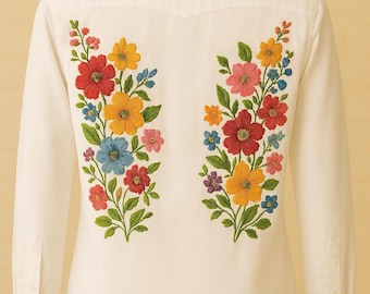 Men's Customized White Western Shirt Floral Embroidered Rhinestones Wedding Outfits