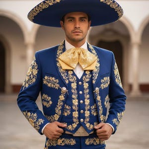 Traje de charro mariachi azul rey de 3 piezas para hombre, estilo cóctel bordado, herencia mexicana