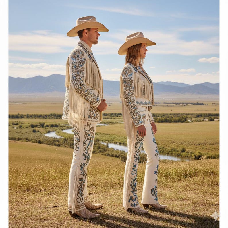 May include: Two people wearing matching cream-colored cowboy outfits with intricate blue embroidery and fringe. They are wearing cowboy hats and boots, standing in a field with a river and mountains in the background. The outfits are detailed and eye-catching.