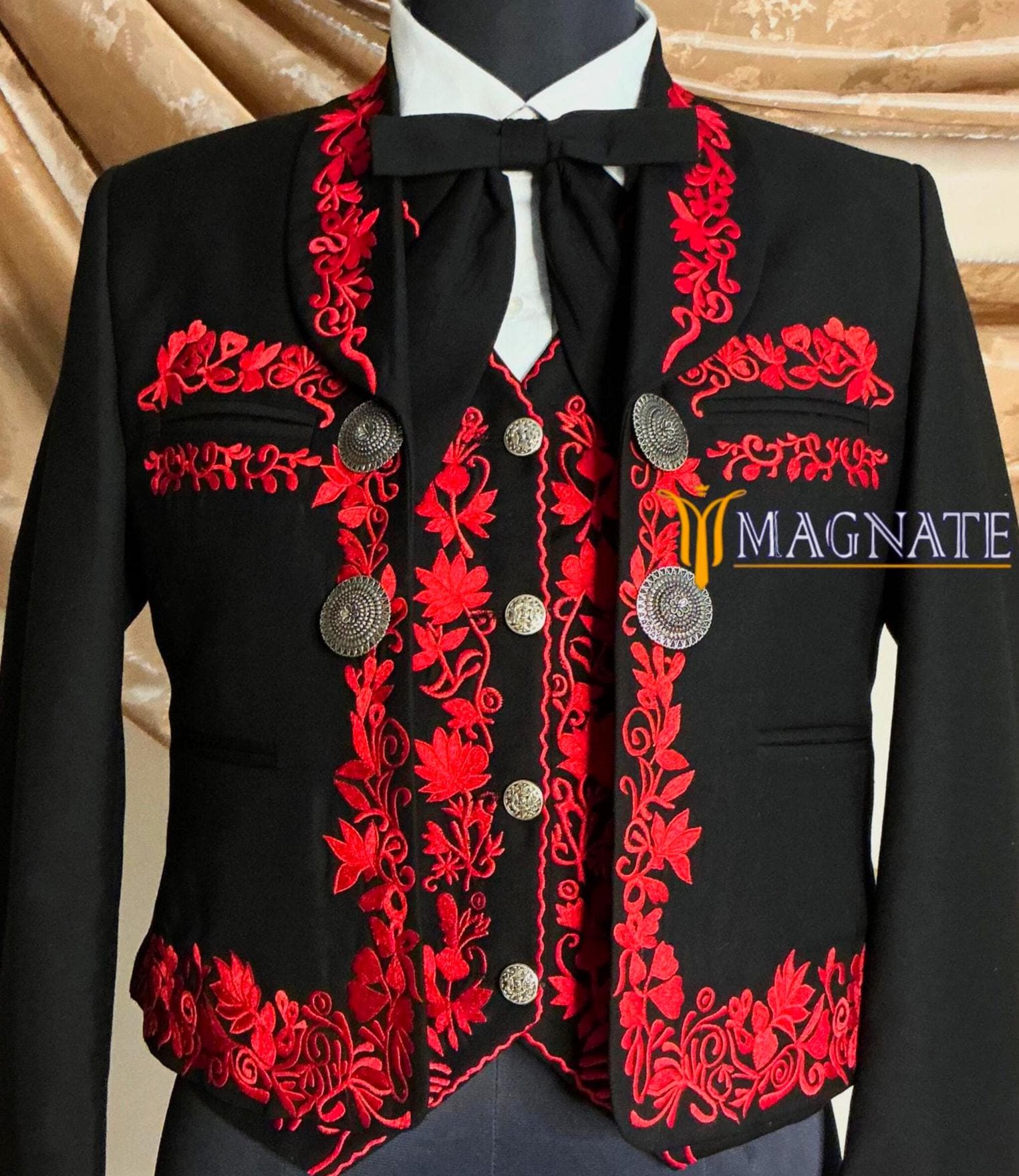 Men Black Customized Red Mariachi 3 Piece Embroidered Charro Suit