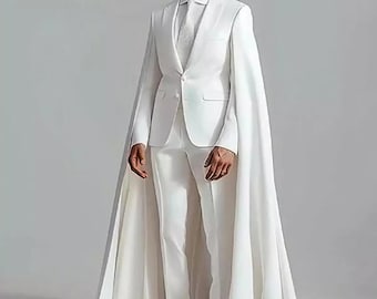 Traje de boda blanco personalizado de 3 piezas con capa para hombre.