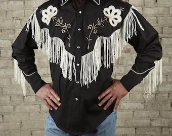 Men Black Custom Embroidered Cowboy Shirt with Fringed Cowboy Attire