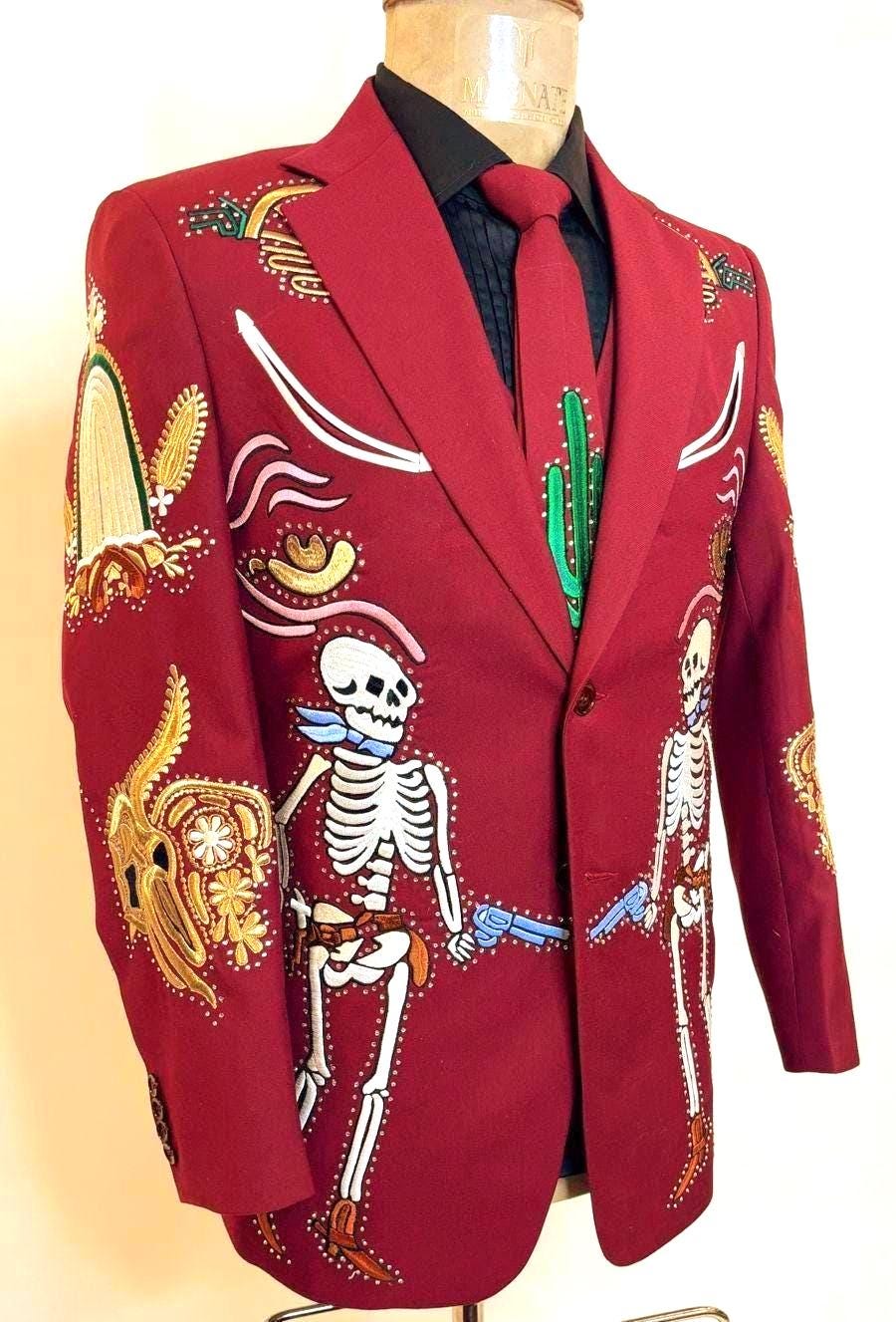 Men's Customized Maroon 2Pc Skull Embroidered Country Western Suit Wedding Groom's Suit Cocktail Attire Country Suit Halloween Party Attire