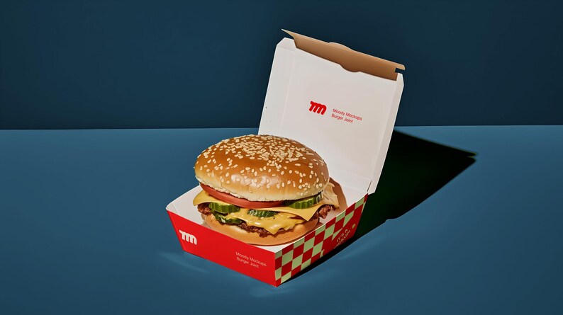 Fast Food Burger and Fries Packaging mockup in a realistic scene with editable PSD layers, perfect for branding design