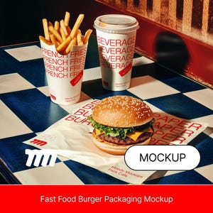 Mockup de embalagem de refeição de fast food para design de marca | PSD de alta resolução de 4000 px | Estética de mockup de hambúrguer realista | Em camadas